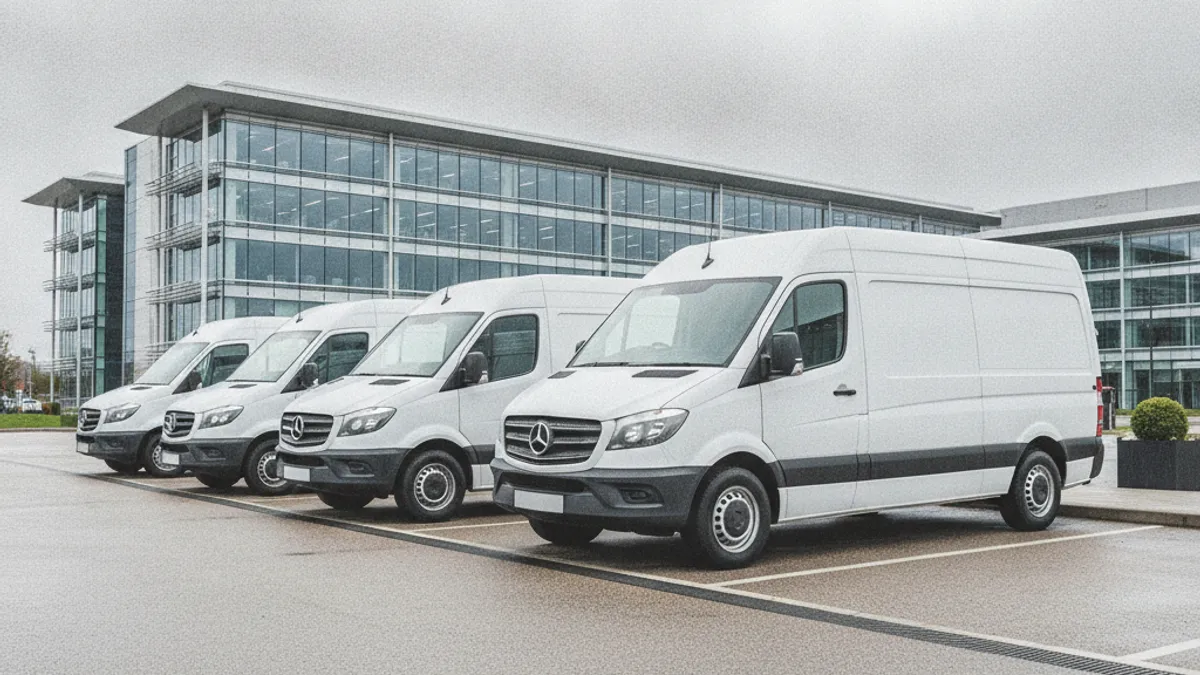 A row of white business fleet vans parked on a UK commercial forecourt